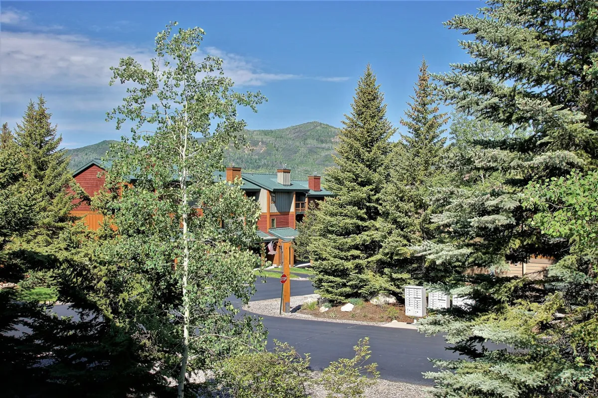 A scenic exterior shot featuring tall conifer trees, a majestic mountain backdrop, and colorful building facades. The environment evokes Steamboat’s natural beauty, highlighting the opportunities for hiking, biking, and exploring the great outdoors in the area.
